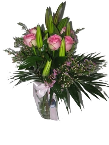 Pink Color Fresh Roses and Oriental Lillies Bouquet