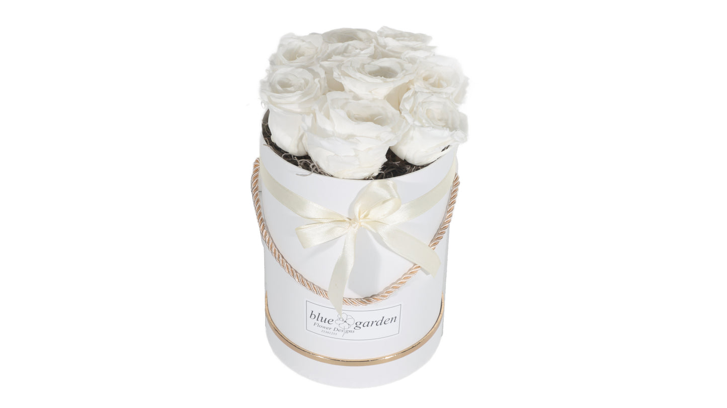 9 long lasting White Roses in a Black/White Box - BG Flowers