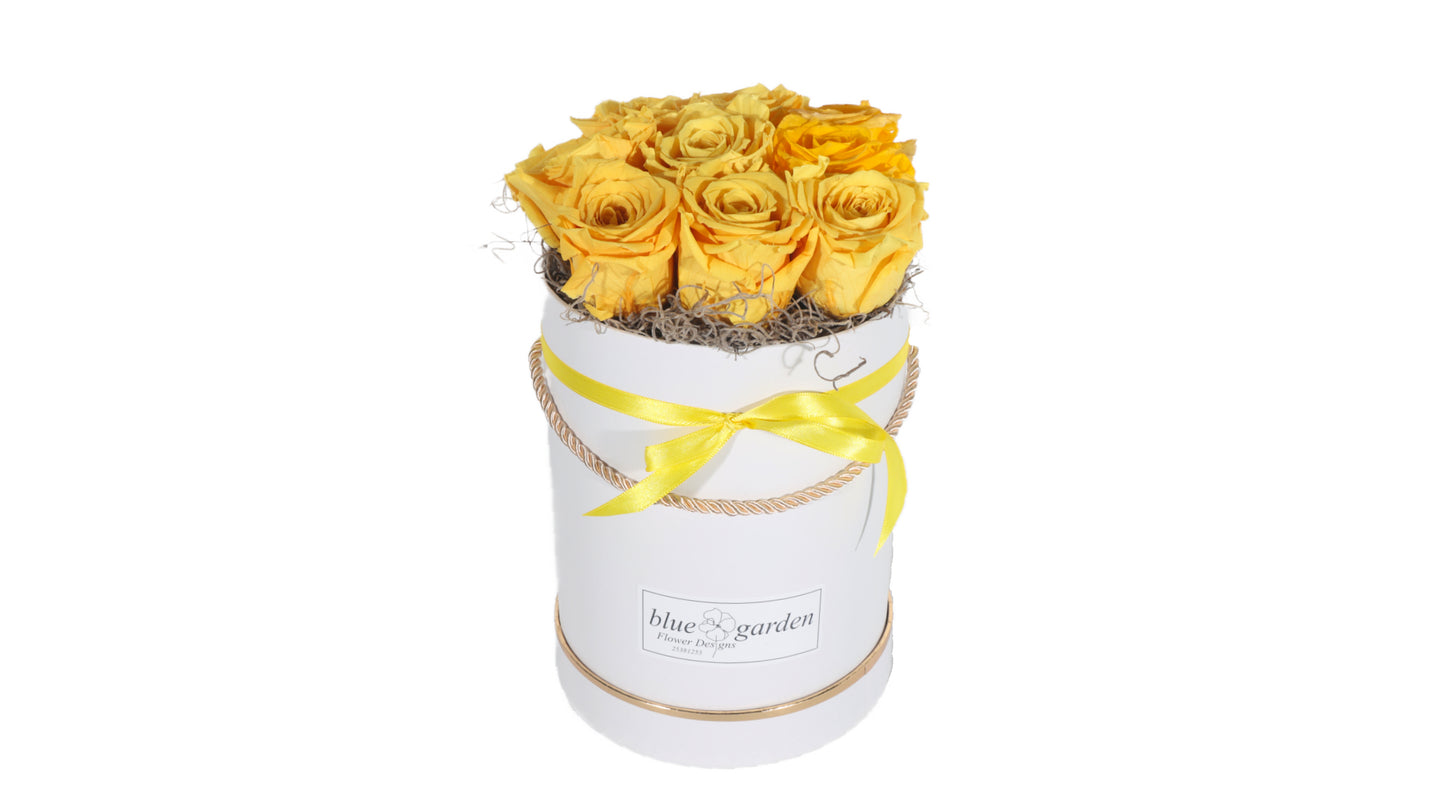 9 long lasting Yellow Roses in a Black/White Box - BG Flowers