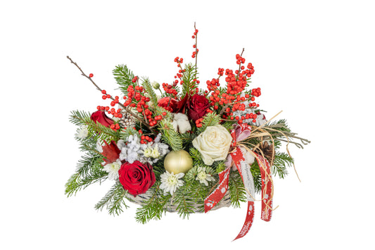 Christmas Arrangement With Fresh Flowers In Basket No.3